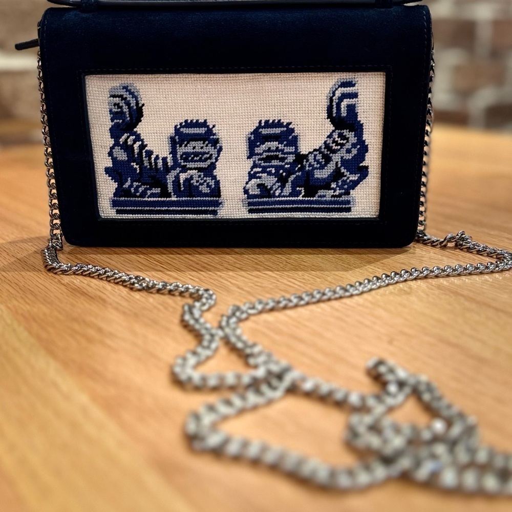 Navy Blue Suede Embroidered Handmade needlepoint Chain Bag